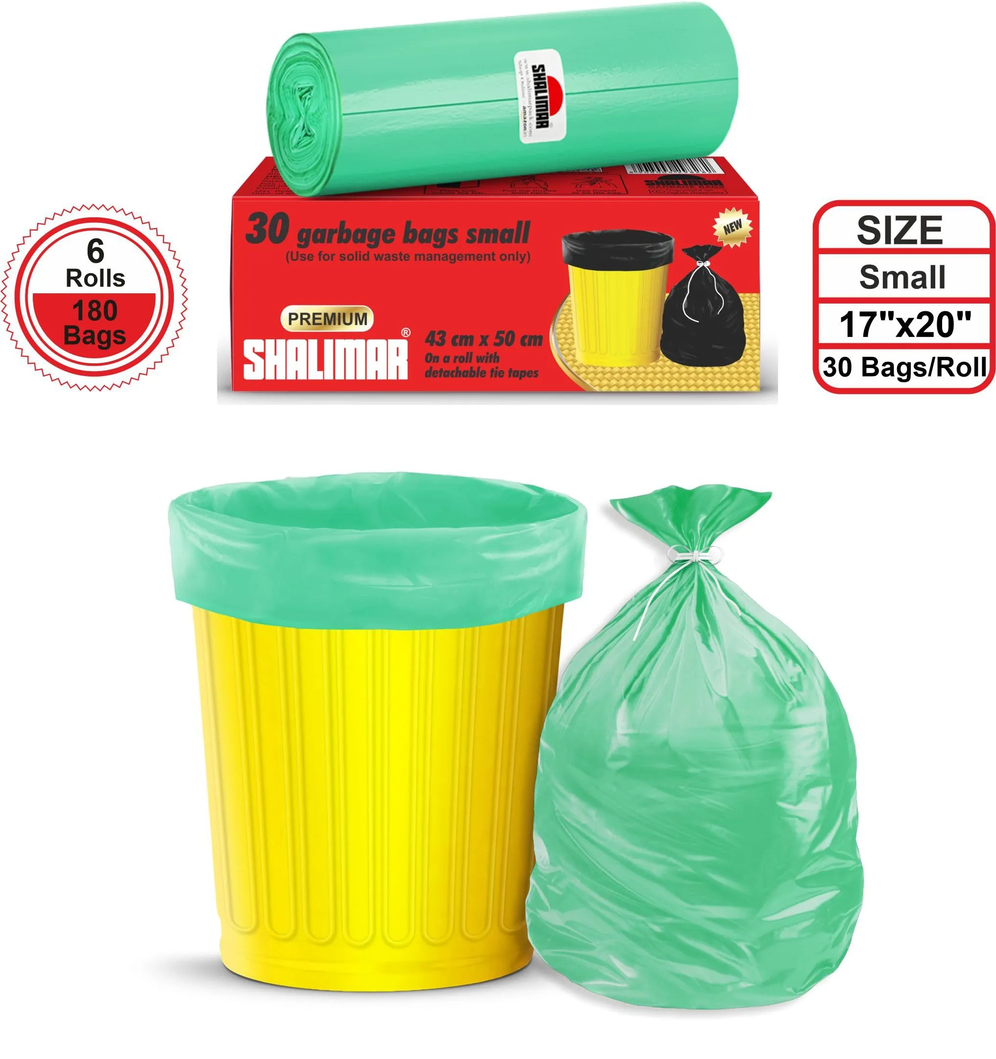 Shalimar Premium Garbage Bags Size 17 X 19 Inches (Small) 180 Bags (6 Rolls) Dustbin Bag/Trash Bag - Green Color